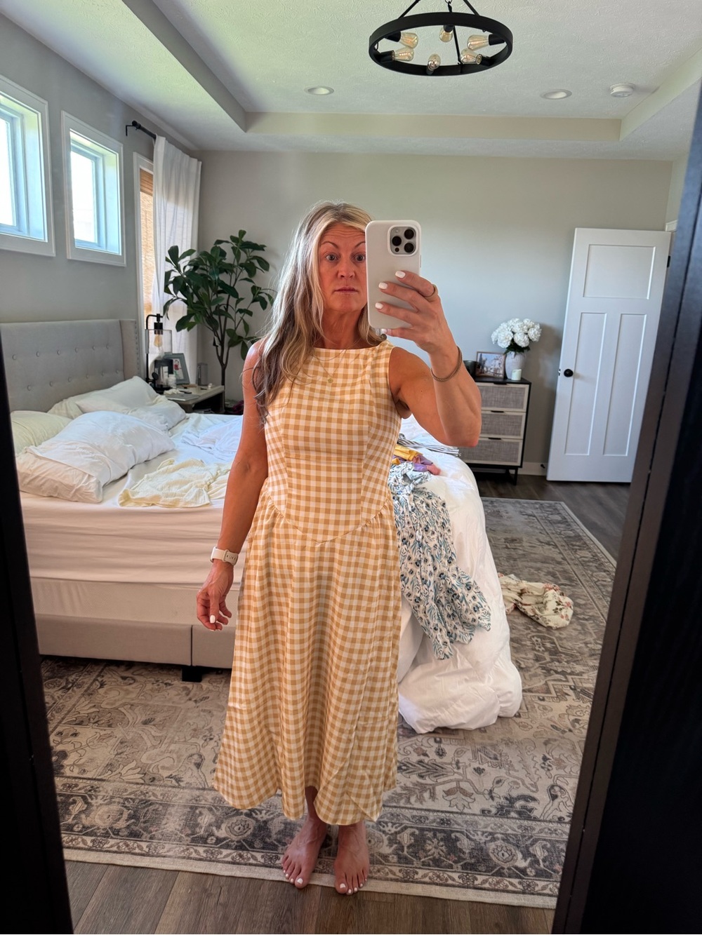 Sleeveless Yellow Gingham Midi Dress - Picture 3 of 5